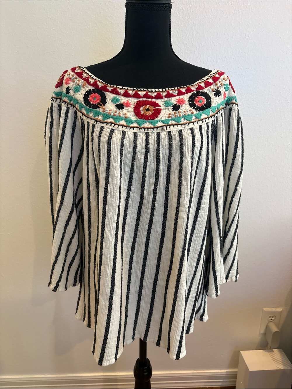 AMIRI White and Black Striped Embroidered Yoke Blouse with Red Accents